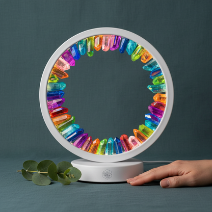 A circular halo lamp of rainbow-aura clear quartz points resting on a muted teal surface beside fresh eucalyptus leaves and a gentle hand for scale. — for Carpe Diem Dream