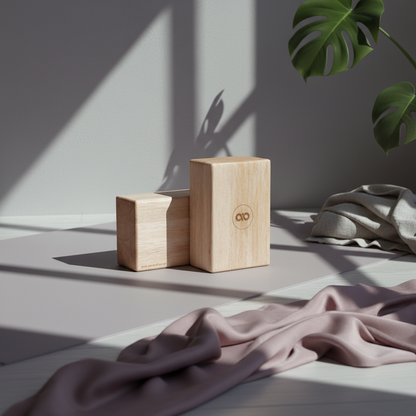 Two natural balsa wood yoga blocks displayed on a pale surface with mauve fabric, green leaves, and soft window shadows. — for Carpe Diem Dream