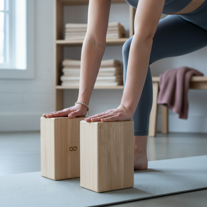 Hands pressing into two natural balsa wood yoga blocks on a yoga mat during a supported yoga pose in a bright wellness room. — for Carpe Diem Dream
