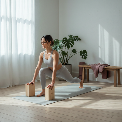 Woman in activewear using two natural balsa wood yoga blocks on a yoga mat in a bright wellness room with a bench and plants. — for Carpe Diem Dream