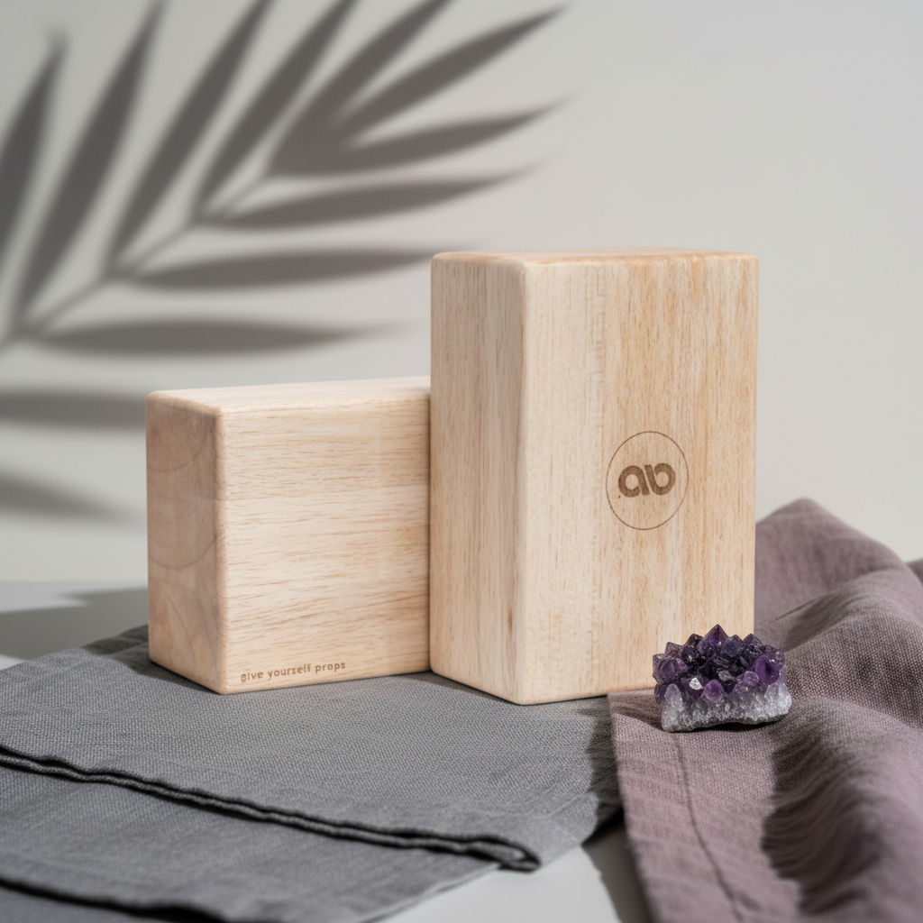 Two natural balsa wood yoga blocks displayed on gray and mauve fabric beside an amethyst crystal with soft palm leaf shadows on a white wall. — for Carpe Diem Dream