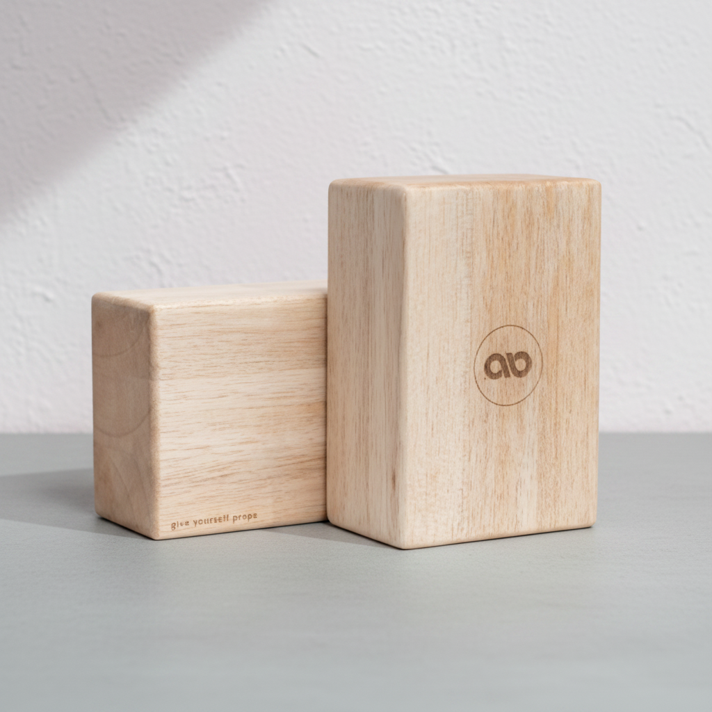 Two natural balsa wood yoga blocks displayed on a gray surface against a textured white wall. — for Carpe Diem Dream