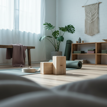 Two natural balsa wood yoga blocks displayed on a wood floor beside a yoga mat in a bright wellness room with plants, shelving, and a mauve throw. — for Carpe Diem Dream