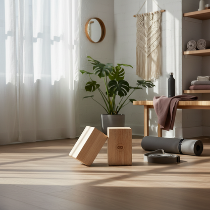 Two natural balsa wood yoga blocks displayed on a wood floor beside a rolled yoga mat in a bright wellness room with plants, shelving, and a mauve throw. — for Carpe Diem Dream