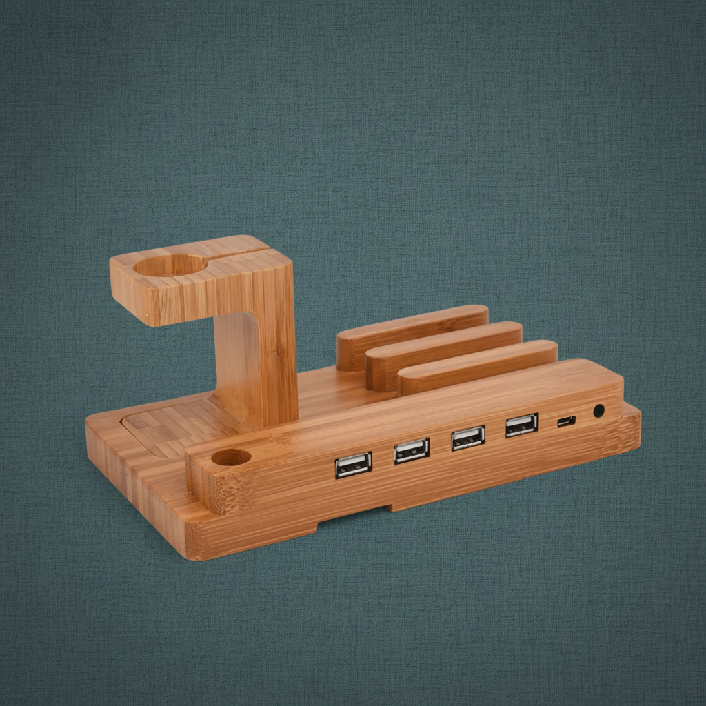 A bamboo 3-in-1 charging stand with slots for a phone and watch and multiple USB ports displayed on a muted teal background. — for Carpe Diem Dream