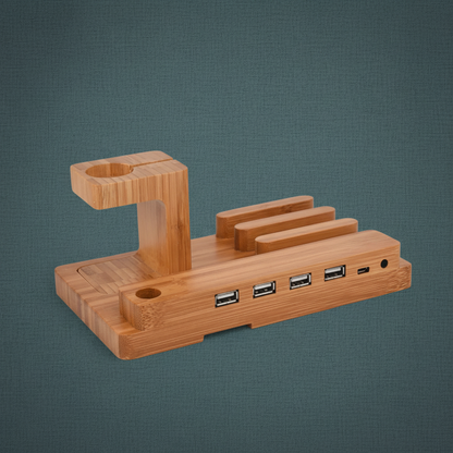 A bamboo 3-in-1 charging stand with slots for a phone and watch and multiple USB ports displayed on a muted teal background. — for Carpe Diem Dream