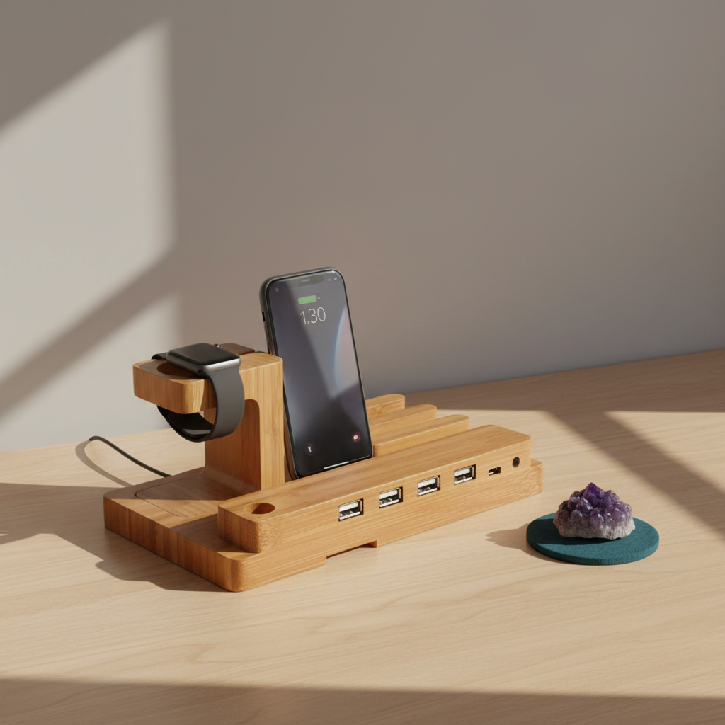 A bamboo 3-in-1 charging stand holding a phone and smartwatch with a crystal placed nearby on a wooden desk in soft natural light. — for Carpe Diem Dream
