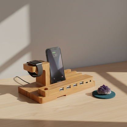 A bamboo 3-in-1 charging stand holding a phone and smartwatch with a crystal placed nearby on a wooden desk in soft natural light. — for Carpe Diem Dream