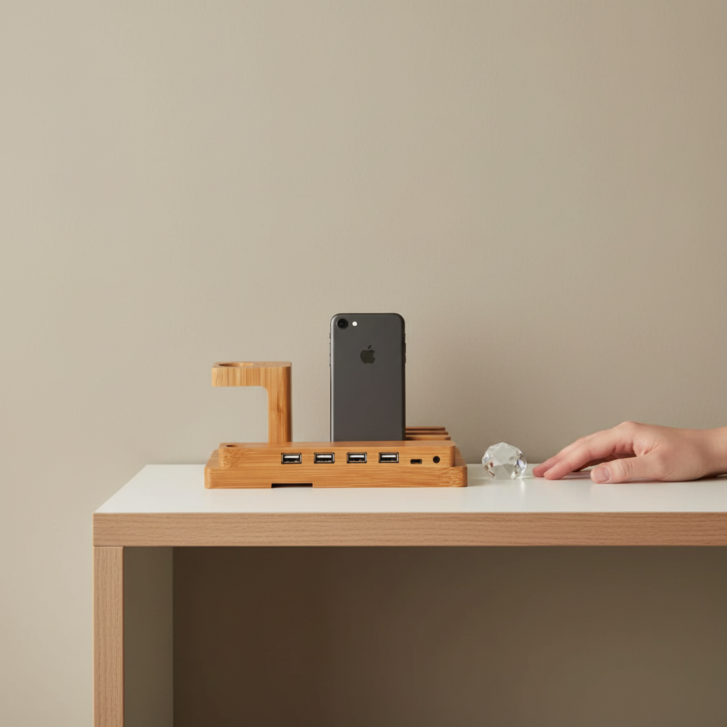 A bamboo 3-in-1 charging stand holding a phone and smartwatch displayed on a desk with a hand nearby to show size and scale. — for Carpe Diem Dream
