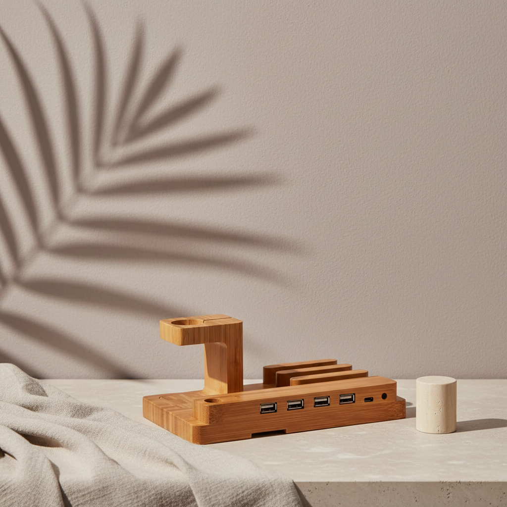 A bamboo 3-in-1 charging stand displayed on a neutral surface with soft fabric and a botanical shadow in the background. — for Carpe Diem Dream