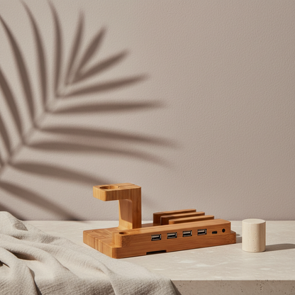 A bamboo 3-in-1 charging stand displayed on a neutral surface with soft fabric and a botanical shadow in the background. — for Carpe Diem Dream