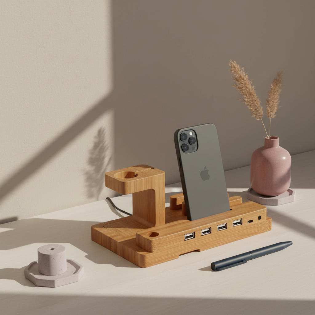 A bamboo 3-in-1 charging stand holding a phone displayed on a styled desk with a vase, candle, and soft natural lighting creating a calm, modern workspace. — for Carpe Diem Dream