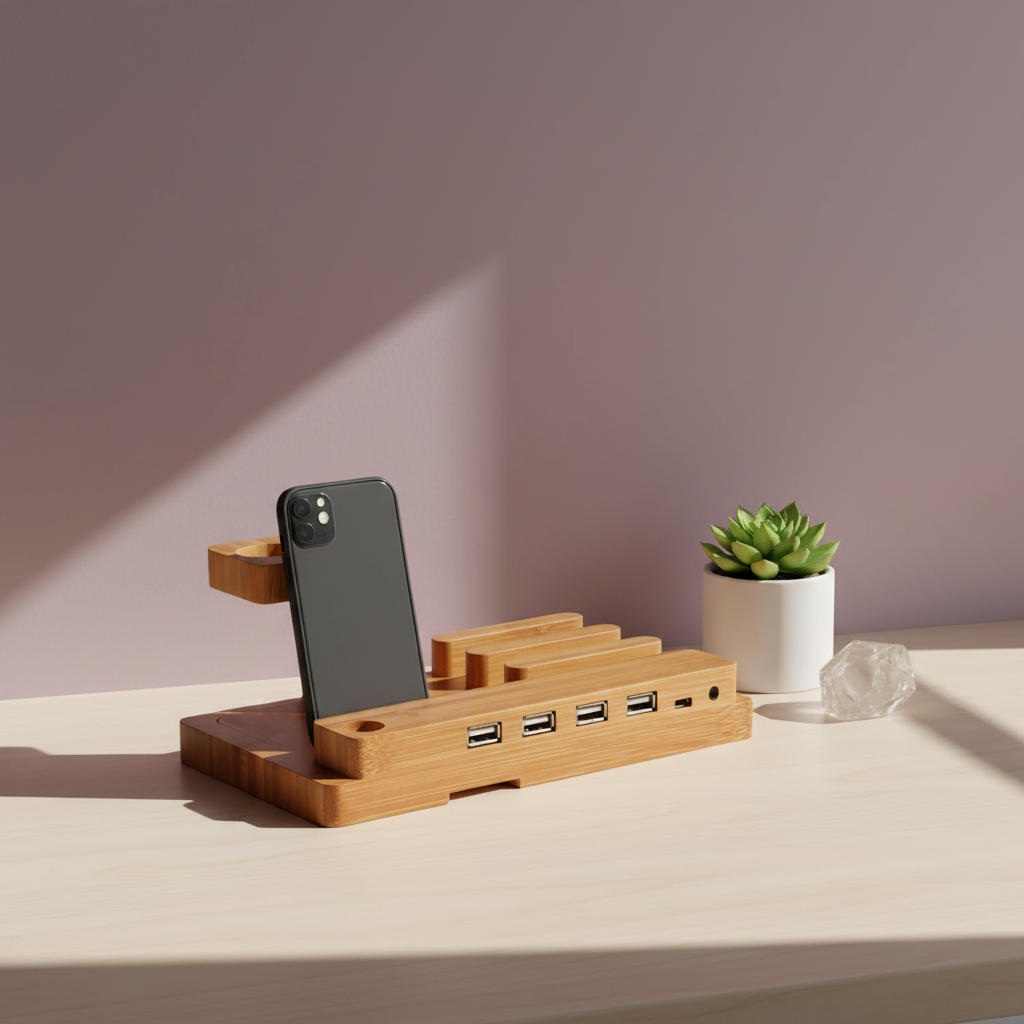 A bamboo 3-in-1 charging stand holding a phone displayed on a desk with a small plant and crystal in a softly lit workspace setting. — for Carpe Diem Dream