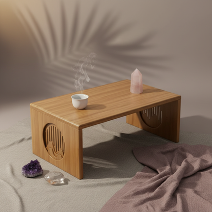 A bamboo folding table styled with a ceramic cup and crystal on its surface, set over mauve linen with soft botanical shadow lighting creating a calm, grounded scene. — for Carpe Diem Dream