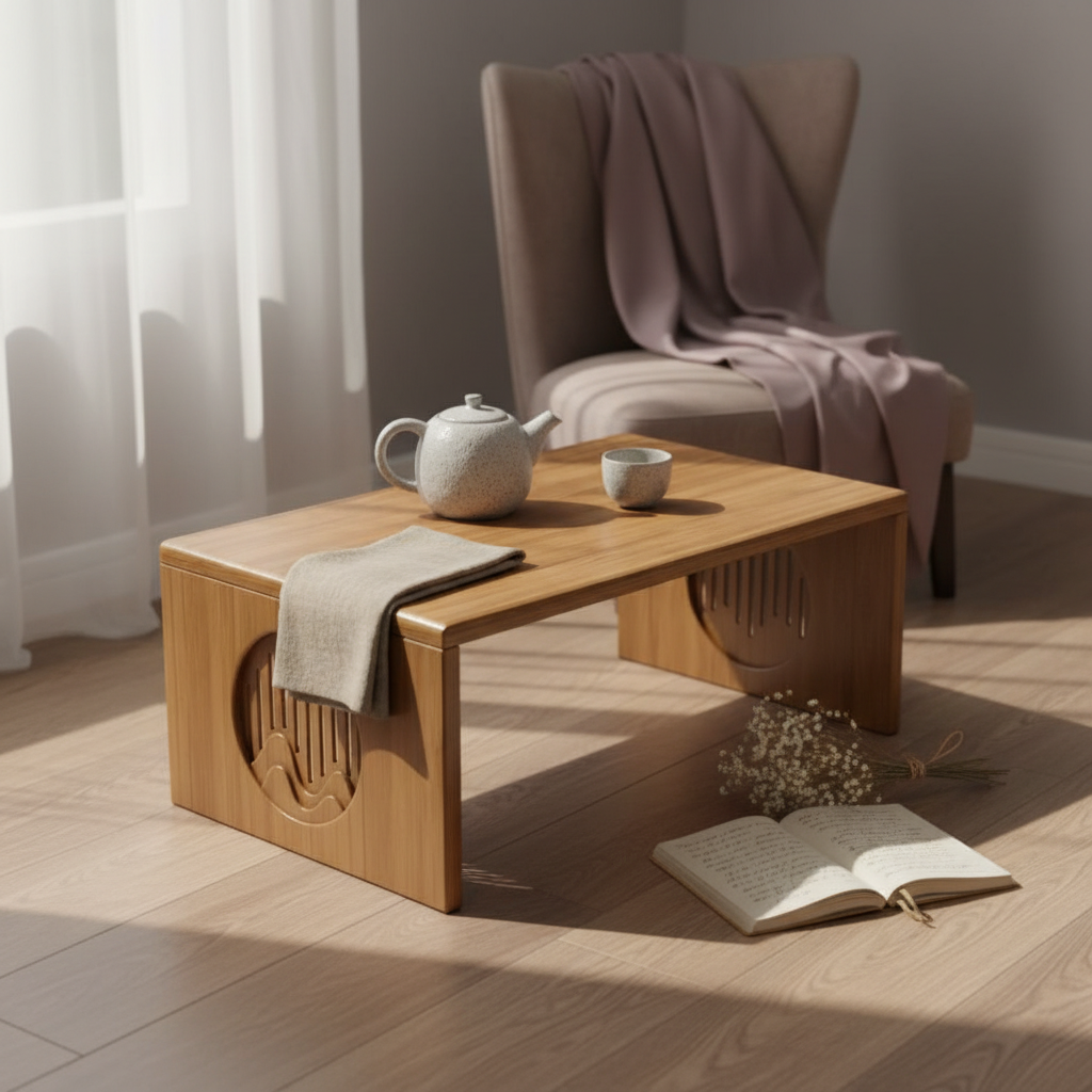 A bamboo folding table styled in a soft, light-filled interior with a ceramic teapot, cup, and draped linen, creating a calm and inviting atmosphere. — for Carpe Diem Dream
