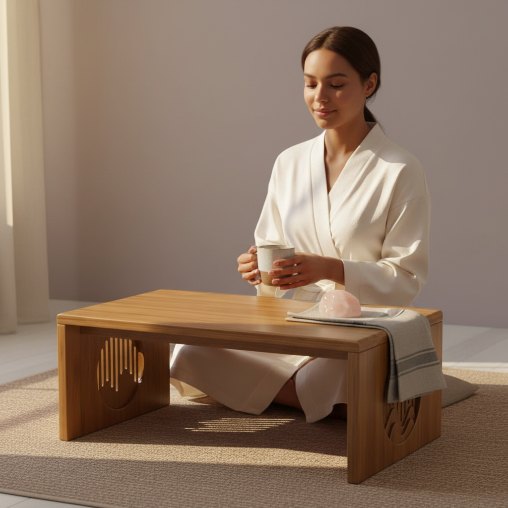 A bamboo folding table used as a floor desk during a calm morning ritual, with a woman seated on a cushion holding a cup, styled with soft linen and warm natural light. — for Carpe Diem Dream