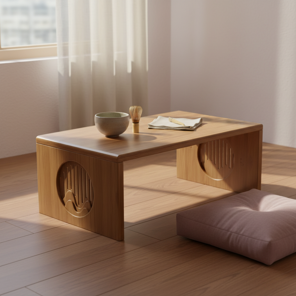 A bamboo folding table styled with a ceramic bowl and tea tools near a softly lit window, creating a calm and intentional morning ritual setting. — for Carpe Diem Dream