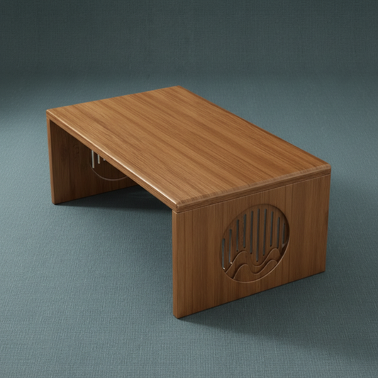 A bamboo folding table displayed on a muted teal surface with soft natural lighting, showing its minimalist Japanese-inspired design. — for Carpe Diem Dream