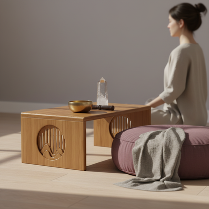 A bamboo folding table placed in a calm meditation setting with a singing bowl, crystal, and floor cushion beside a seated figure, creating a grounded and peaceful atmosphere. — for Carpe Diem Dream