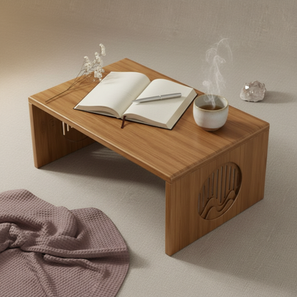 A bamboo folding table viewed from above with an open notebook, pen, and steaming tea cup on its surface, styled on soft mauve linen to show practical size and use. — for Carpe Diem Dream