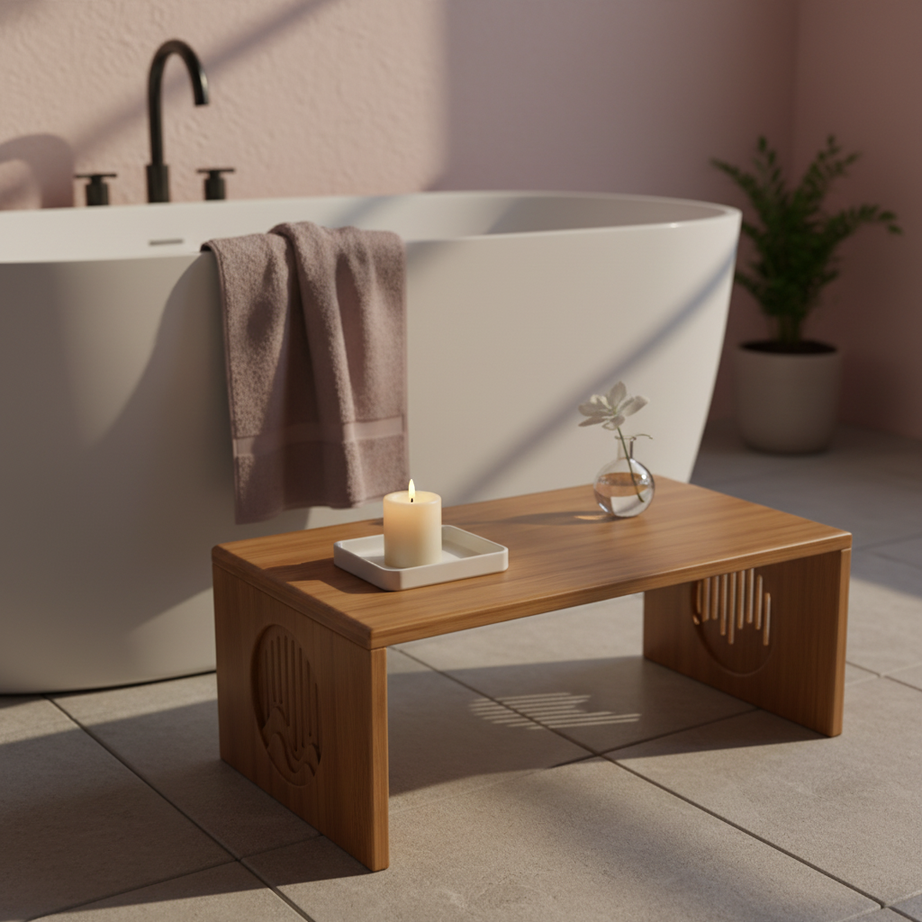 A bamboo folding table styled beside a freestanding bathtub with a candle, tray, and soft towel, creating a calm spa-like atmosphere with warm natural lighting. — for Carpe Diem Dream