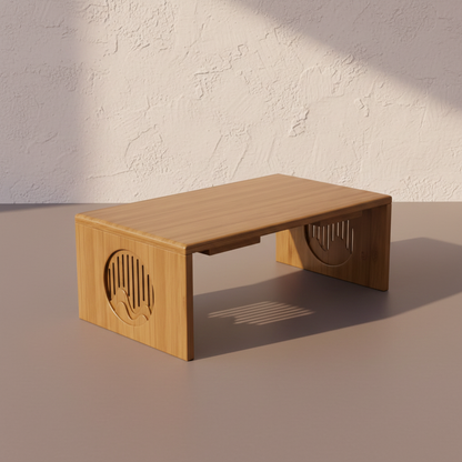 A bamboo folding table displayed in a clean studio setting with soft natural lighting and a textured wall, highlighting its minimalist design and natural wood grain. — for Carpe Diem Dream