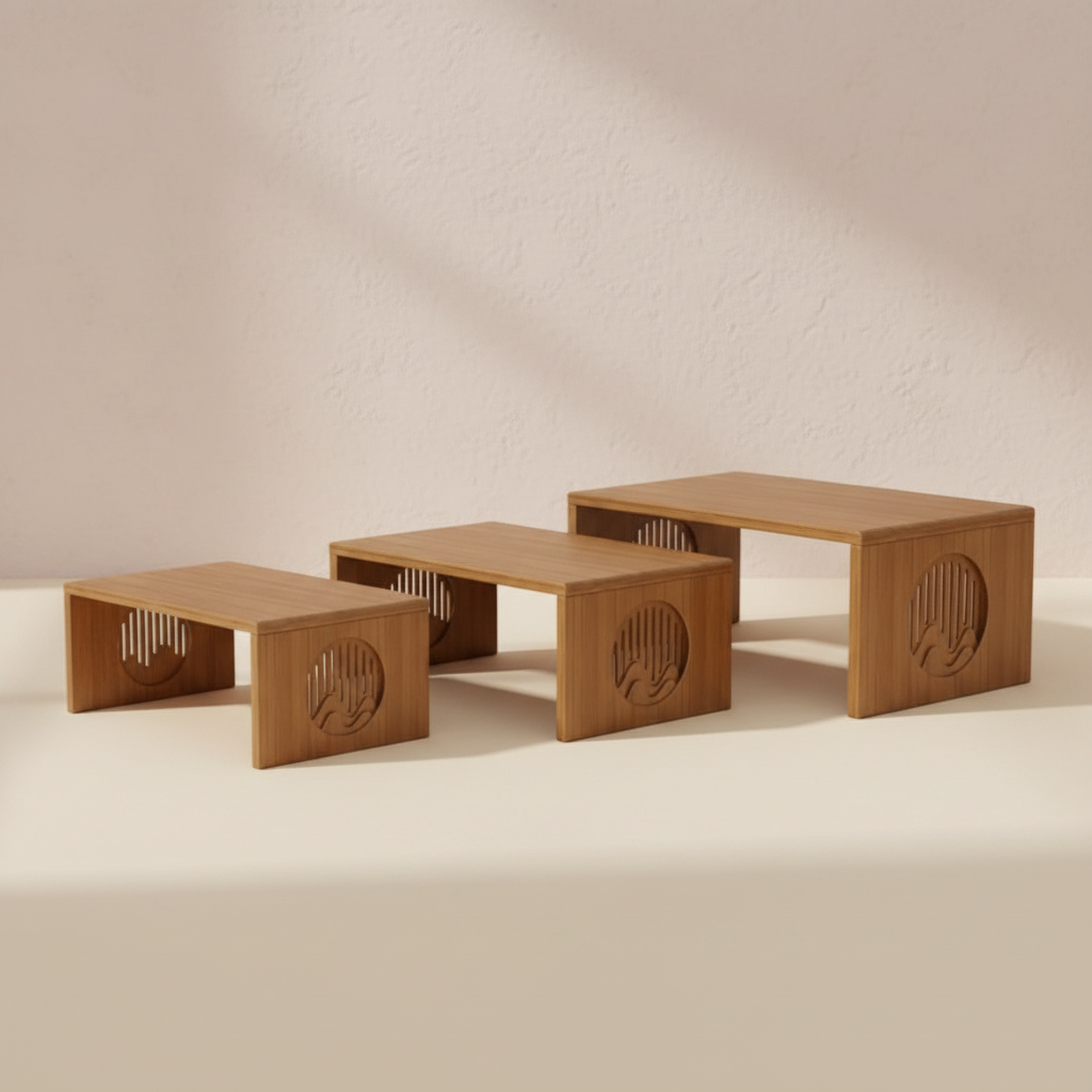 Three bamboo folding tables in different sizes displayed in a clean lineup against a softly textured neutral background with natural light. — for Carpe Diem Dream
