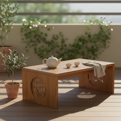 A bamboo folding table styled on a sunlit balcony with a teapot, cups, and soft draped linen, surrounded by greenery to create a calm and elevated outdoor ritual setting. — for Carpe Diem Dream