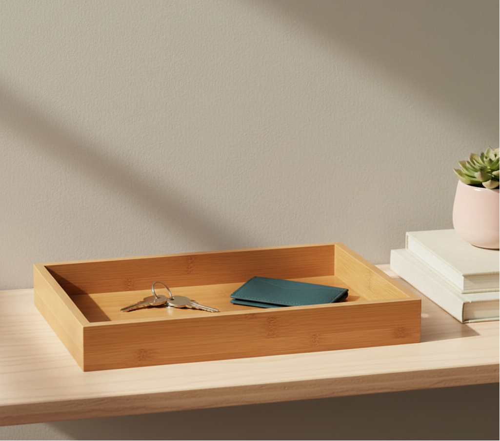A rectangular bamboo tray holding keys and a wallet on a wooden surface beside stacked books and a small plant. — for Carpe Diem Dream