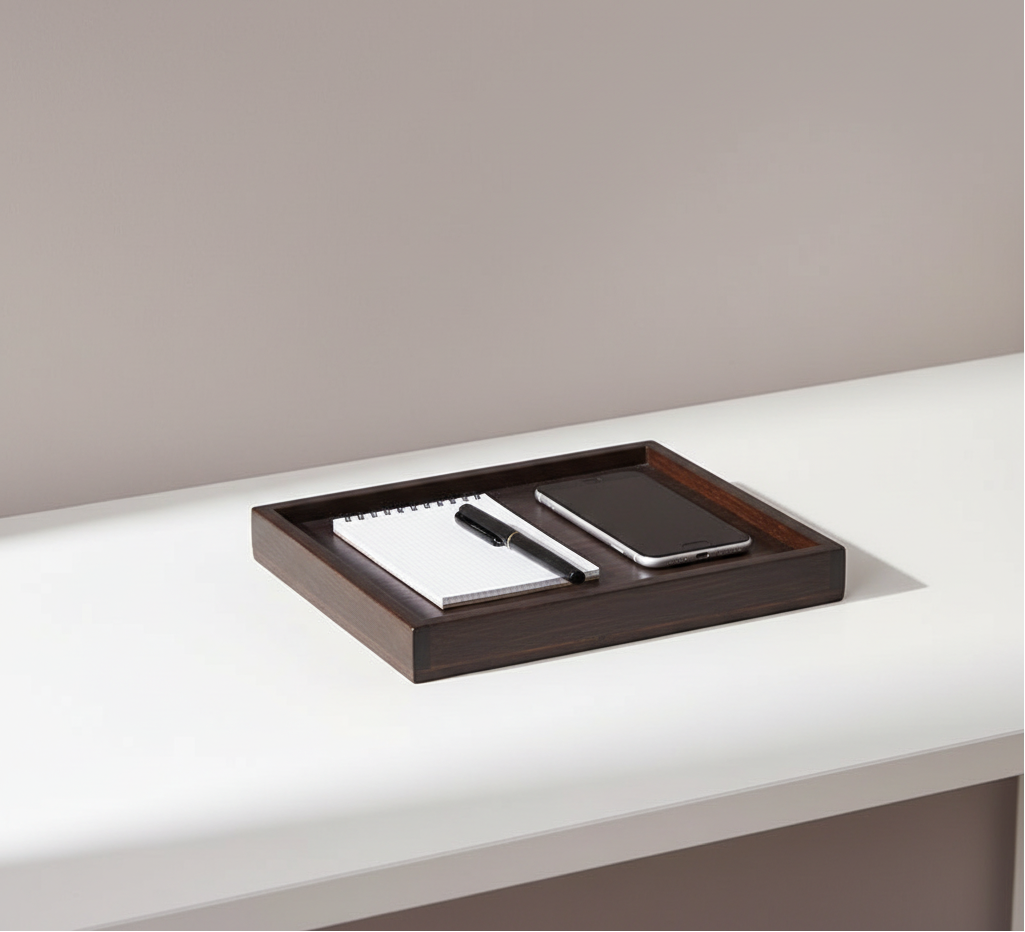 A rectangular bamboo tray holding a notebook and phone on a clean white desk surface with soft natural lighting. — for Carpe Diem Dream