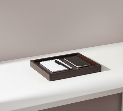 A rectangular bamboo tray holding a notebook and phone on a clean white desk surface with soft natural lighting. — for Carpe Diem Dream