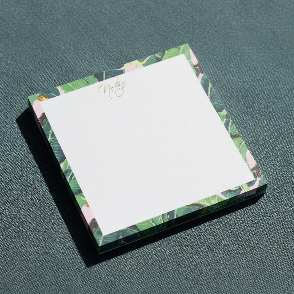 Close-up angled view of a square banana leaf border sticky note pad on a textured muted teal surface. — for Carpe Diem Dream