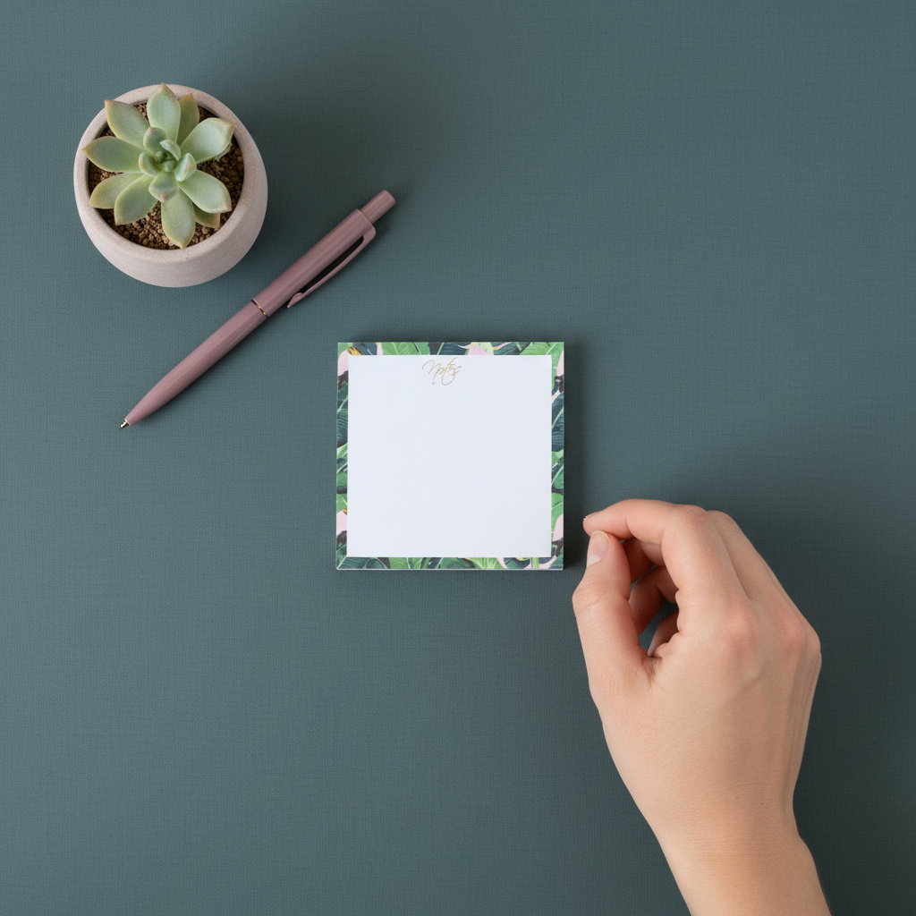 Square banana leaf border sticky note pad shown from above on a muted teal surface with a hand reaching toward it and a small succulent nearby. — for Carpe Diem Dream