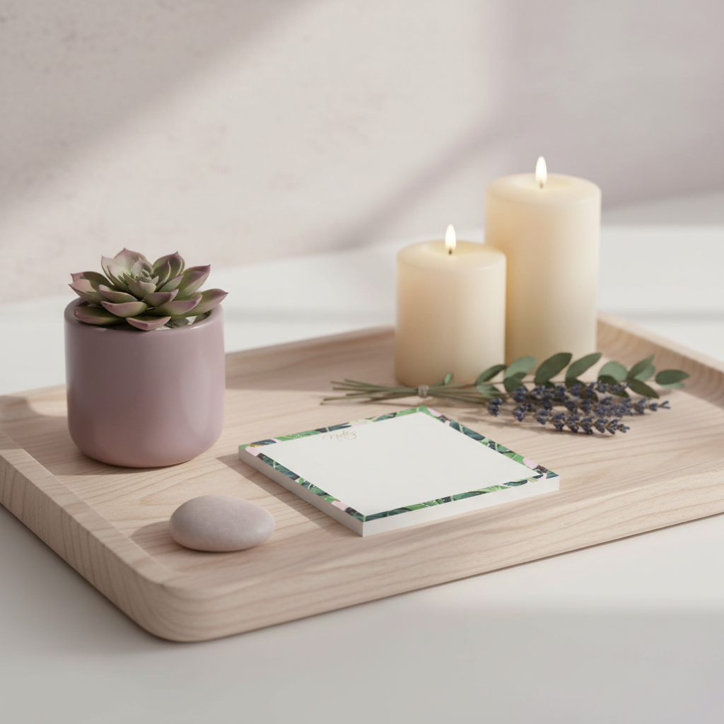 Square banana leaf border sticky note pad resting on a wooden tray beside lit candles, a small succulent, and dried lavender. — for Carpe Diem Dream