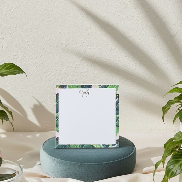 Square banana leaf border sticky note pad displayed upright on a teal cushion with soft natural light and green plants in the background. — for Carpe Diem Dream