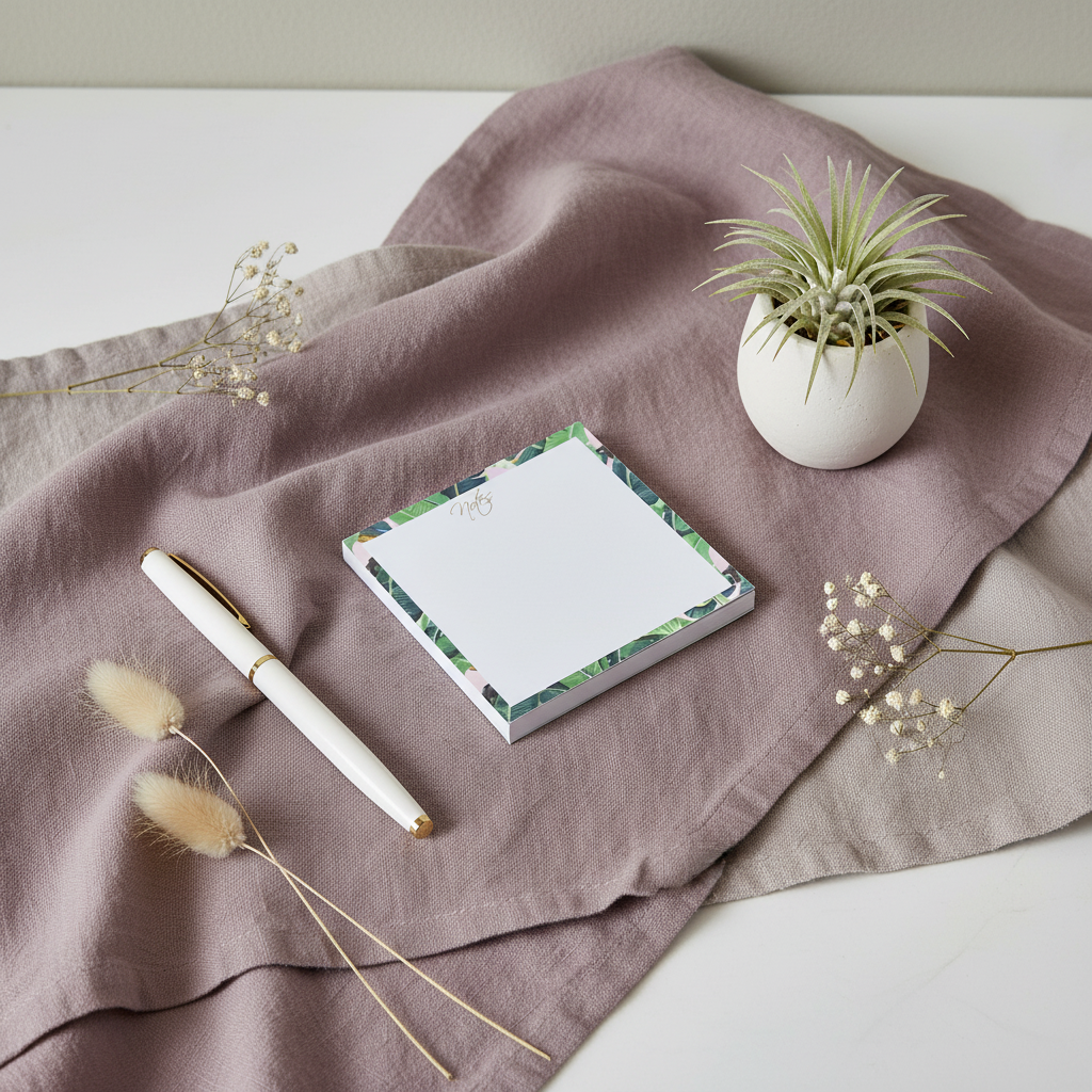 Square banana leaf border sticky note pad resting on mauve fabric beside a white pen and small potted plant. — for Carpe Diem Dream