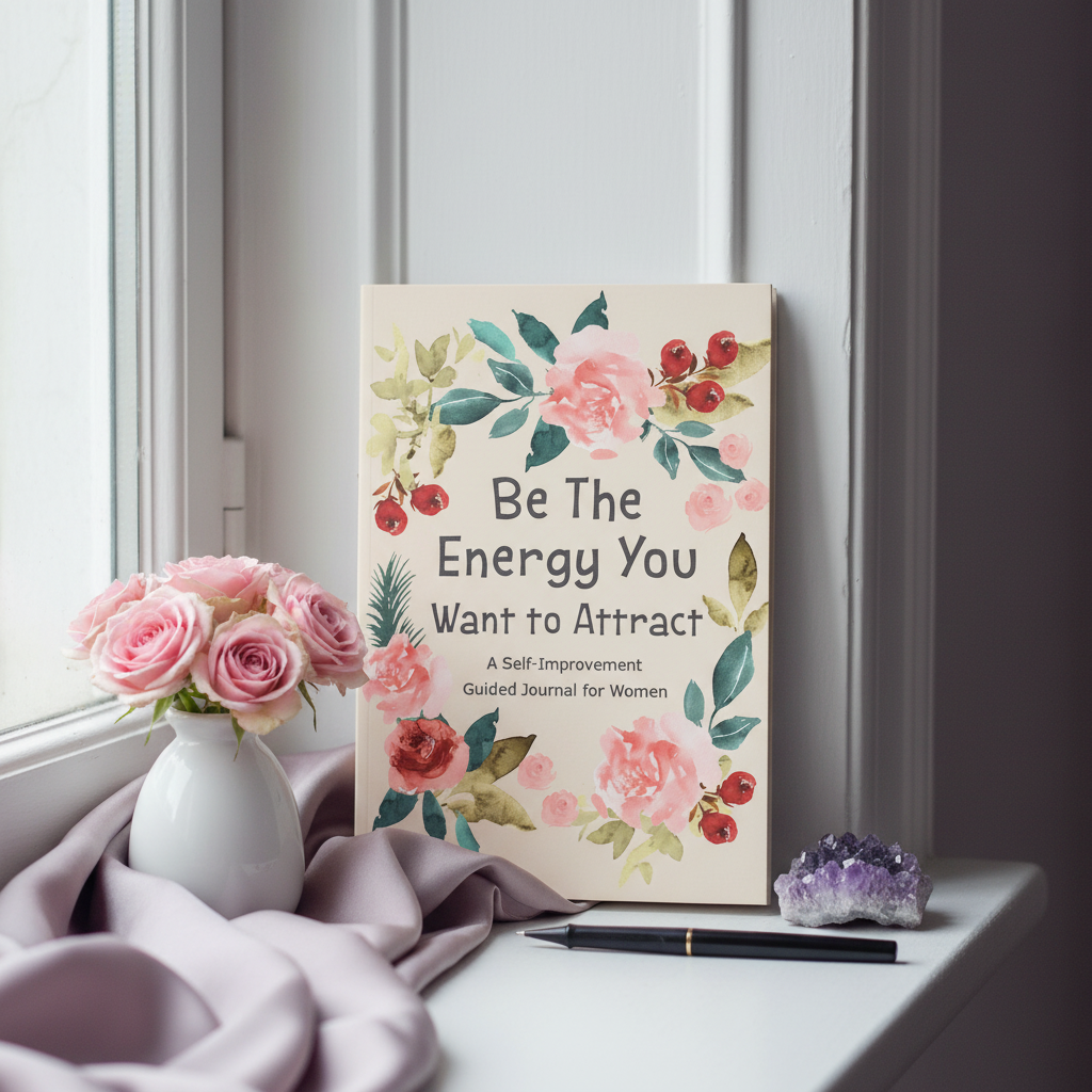 Be The Energy You Want to Attract guided journal displayed on a windowsill with roses, crystal accents, and soft mauve textiles, creating a peaceful space for reflection and self-discovery — for Carpe Diem Dream