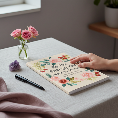 Hand reaching toward the Be The Energy You Want to Attract guided journal beside a pen, crystal, and fresh flowers, illustrating mindful journaling and personal growth practices — for Carpe Diem Dream
