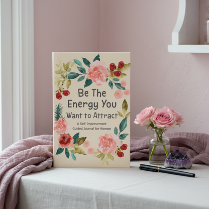 Be The Energy You Want to Attract guided journal displayed on a tabletop with blush textiles, roses, crystal accents, and a soft home sanctuary setting that inspires self-reflection and personal growth — for Carpe Diem Dream