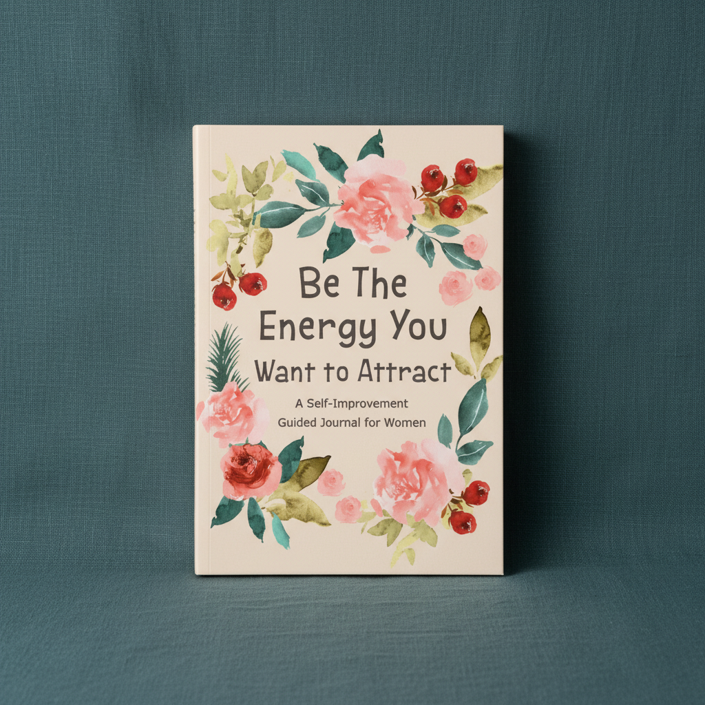 Be The Energy You Want to Attract paperback guided journal displayed upright on a dark teal linen background featuring floral artwork and self-discovery prompts — for Carpe Diem Dream