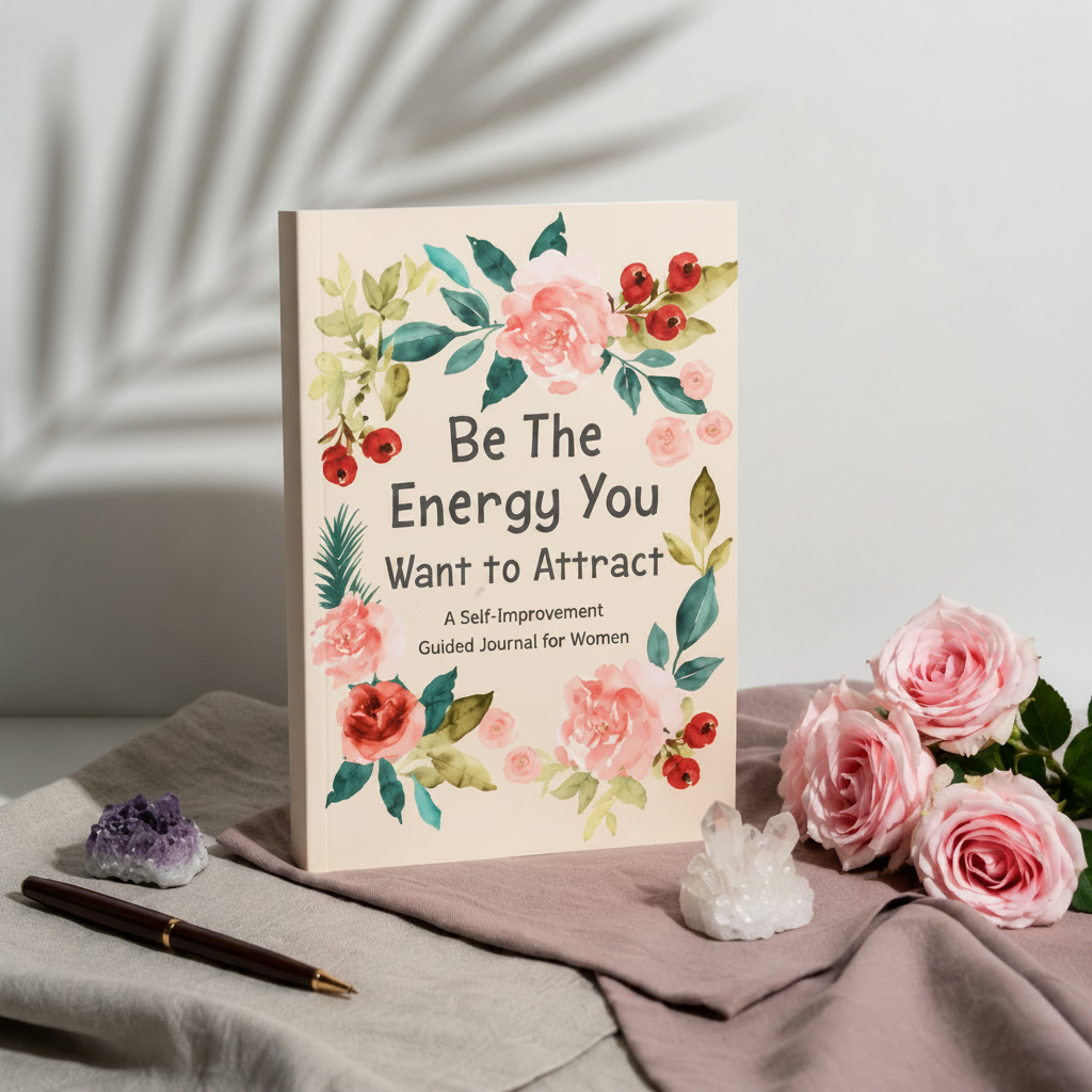 Be The Energy You Want to Attract guided journal displayed with blush roses, crystal clusters, layered mauve textiles, and soft botanical shadows in a mindful self-discovery setting — for Carpe Diem Dream