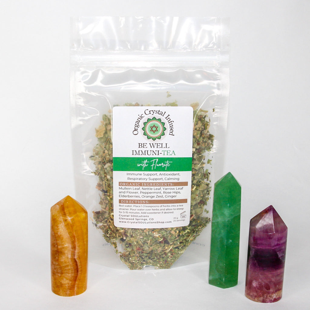 Be Well Immuni-Tea – Organic Crystal-Infused Tea with Fluorite, 20 g loose-leaf herbal tea pouch with Fluorite crystal points. — for Carpe Diem Dream