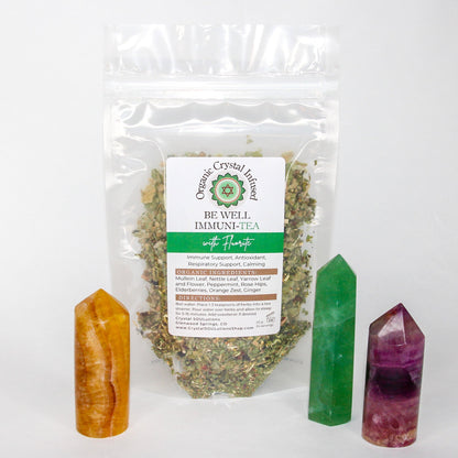 Be Well Immuni-Tea – Organic Crystal-Infused Tea with Fluorite, 20 g loose-leaf herbal tea pouch with Fluorite crystal points. — for Carpe Diem Dream