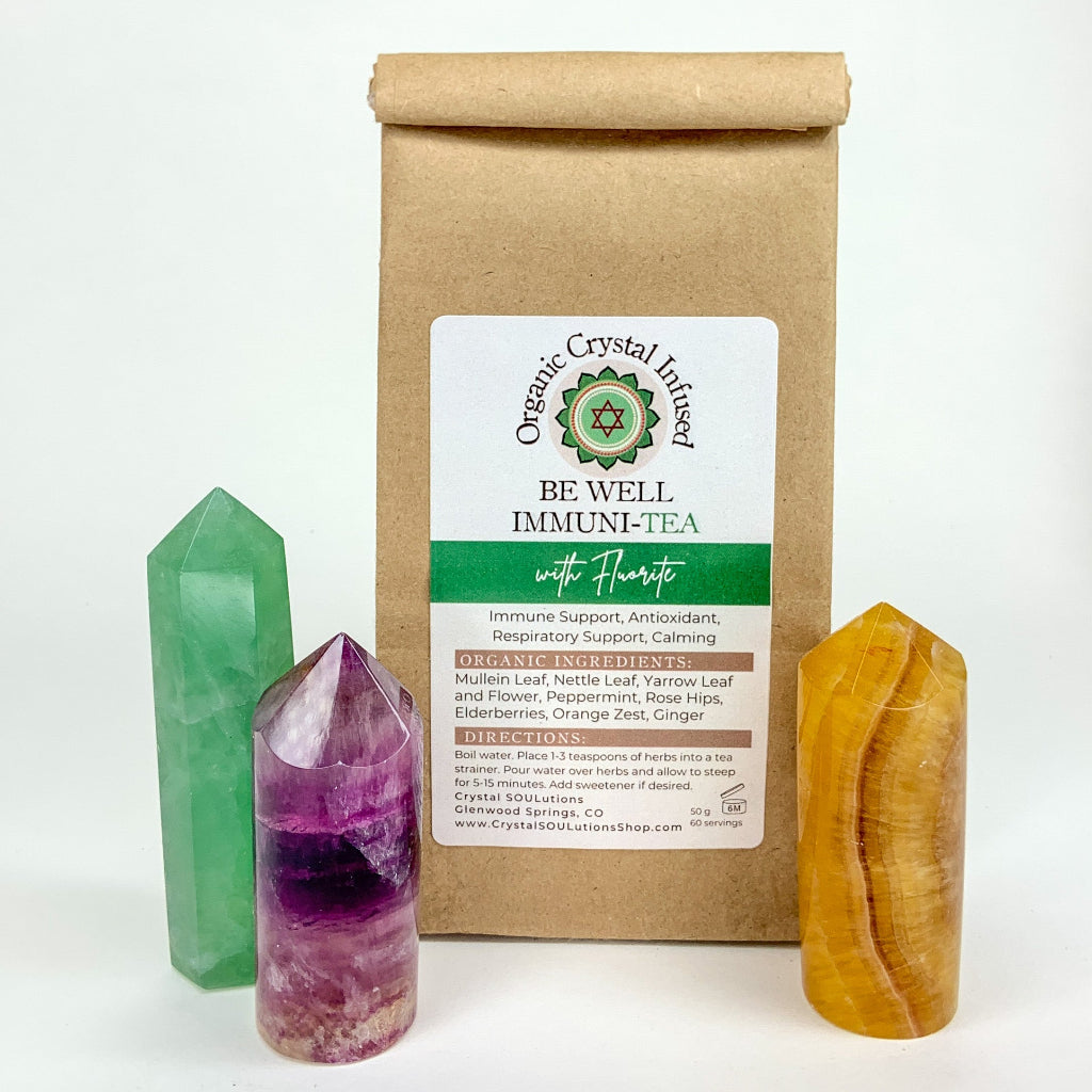 Be Well Immuni-Tea – Organic Crystal-Infused Tea with Fluorite, 50 g loose-leaf herbal tea package with Fluorite crystal points. — for Carpe Diem Dream