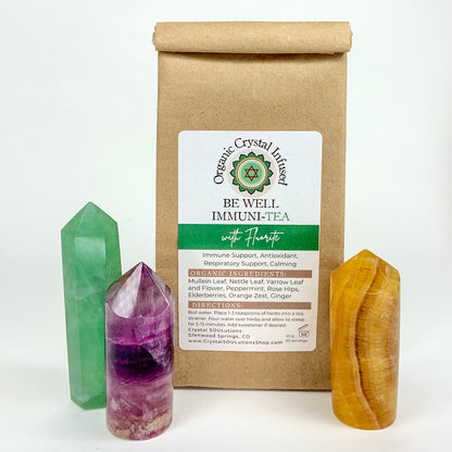 Be Well Immuni-Tea – Organic Crystal-Infused Tea with Fluorite, 50 g loose-leaf herbal tea package with Fluorite crystal points. — for Carpe Diem Dream