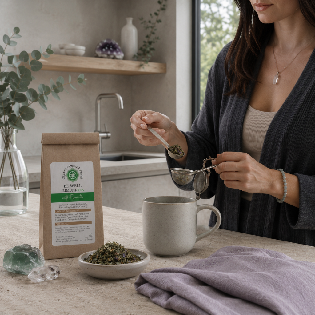 Be Well Immuni-Tea – Organic Crystal-Infused Tea with Fluorite being naturally prepared in a quiet luxury wellness kitchen as loose herbs are gently scooped into a stainless steel tea infuser beside a matte ceramic mug, with cool diffused daylight and Roman Clay interiors. — for Carpe Diem Dream