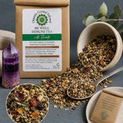 Be Well Immuni-Tea – Organic Crystal-Infused Tea with Fluorite shown in a detailed close-up highlighting the organic loose-leaf herbal blend, packaging, label, and Fluorite crystal with premium macro styling. — for Carpe Diem Dream