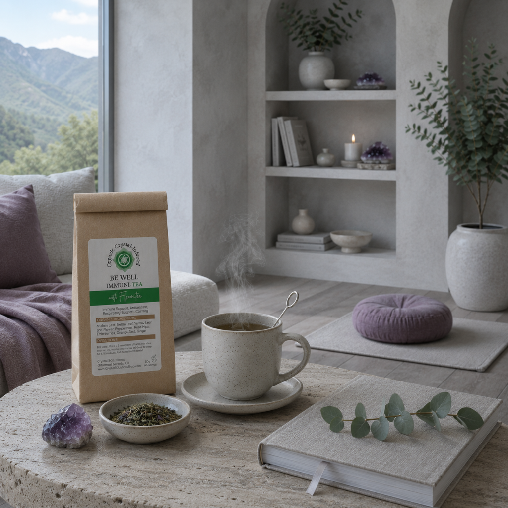 Be Well Immuni-Tea – Organic Crystal-Infused Tea with Fluorite styled in a serene future-focused wellness retreat featuring Roman Clay architecture, pale oak, travertine, quiet luxury décor, a calming tea ritual, eucalyptus accents, and cool diffused daylight. — for Carpe Diem Dream