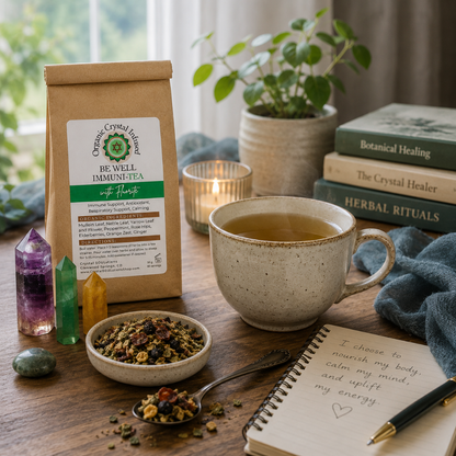 Be Well Immuni-Tea – Organic Crystal-Infused Tea with Fluorite styled in a bright, cool-toned reading nook with a freshly brewed cup of herbal tea, wellness books, journal, and organic loose-leaf herbs, creating a peaceful daily wellness ritual. — for Carpe Diem Dream
