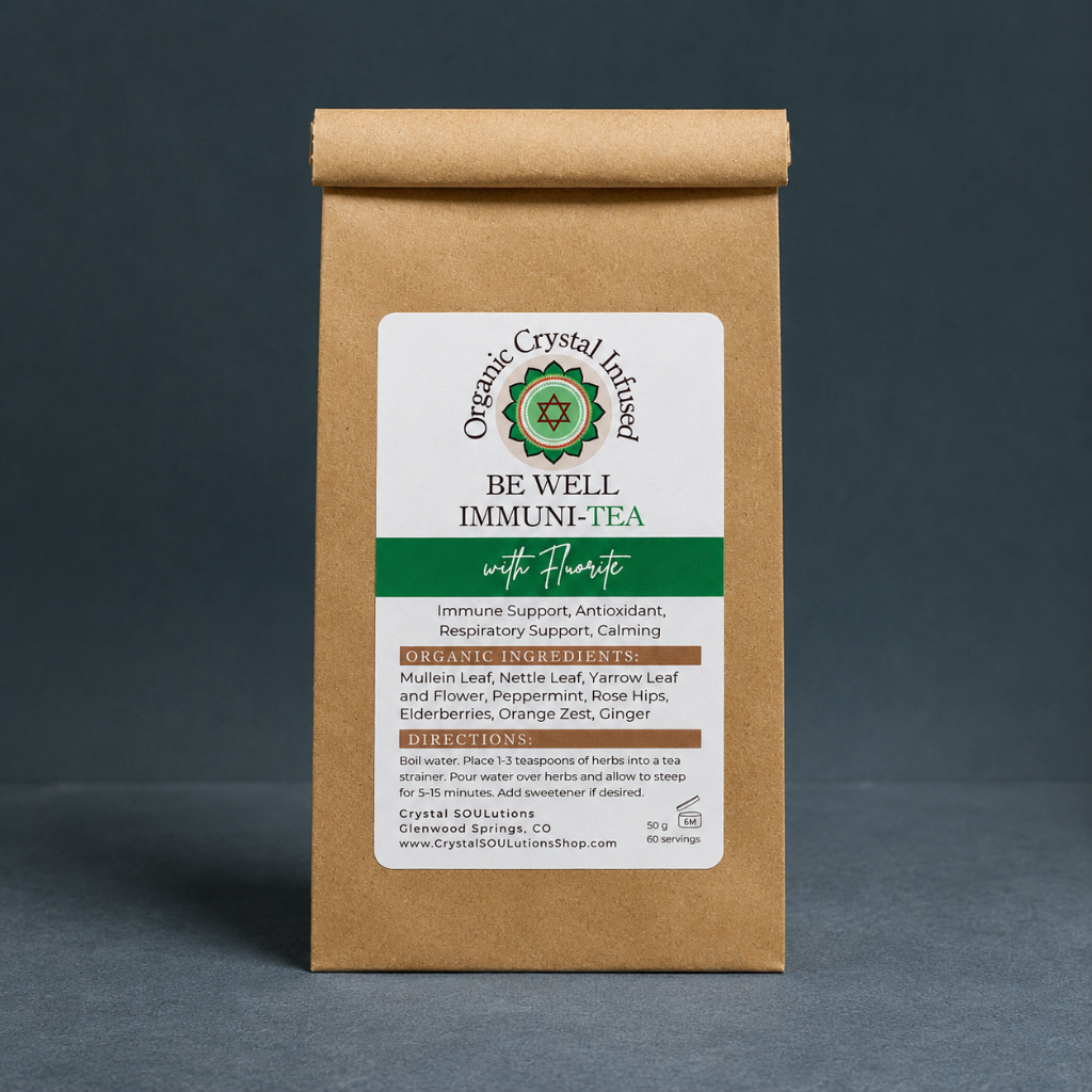 Be Well Immuni-Tea – Organic Crystal-Infused Tea with Fluorite displayed on the Carpe Diem Dream signature textured linen backdrop with matching linen surface, cool diffused daylight, soft contact shadow, and no props. — for Carpe Diem Dream
